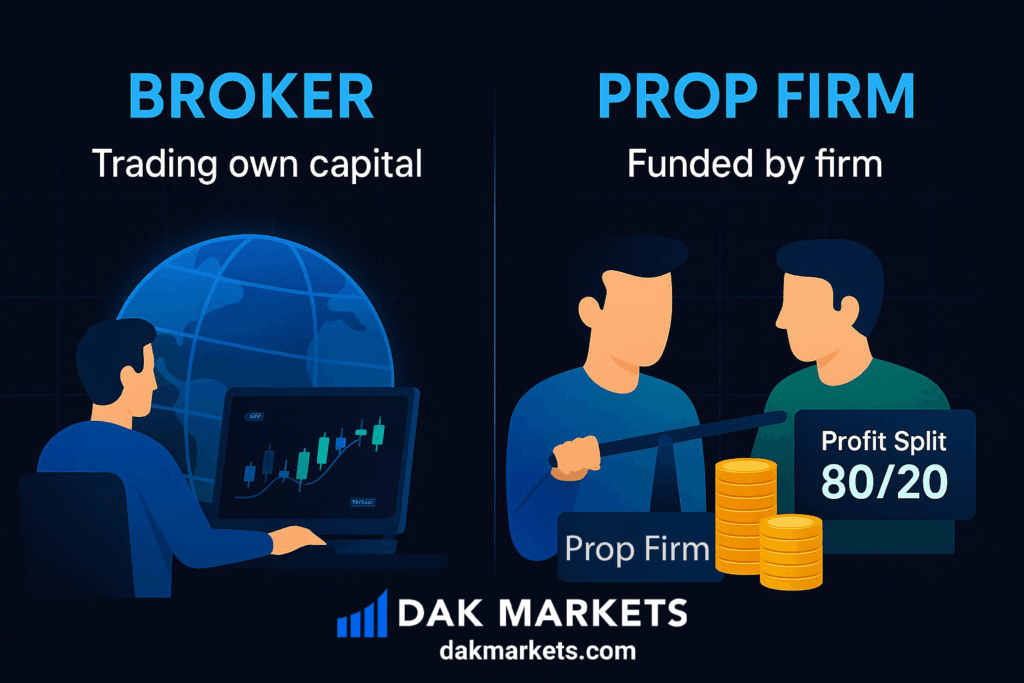 Illustration comparing a broker trading with own capital on cTrader platform and a prop firm trader with an 80/20 profit split — DAK Markets educational visual.