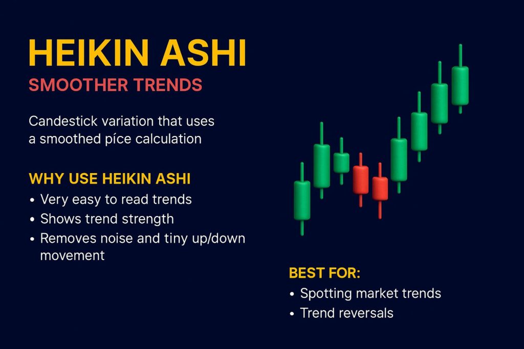 Simplified Heikin Ashi chart example showing smoothed trend candles.