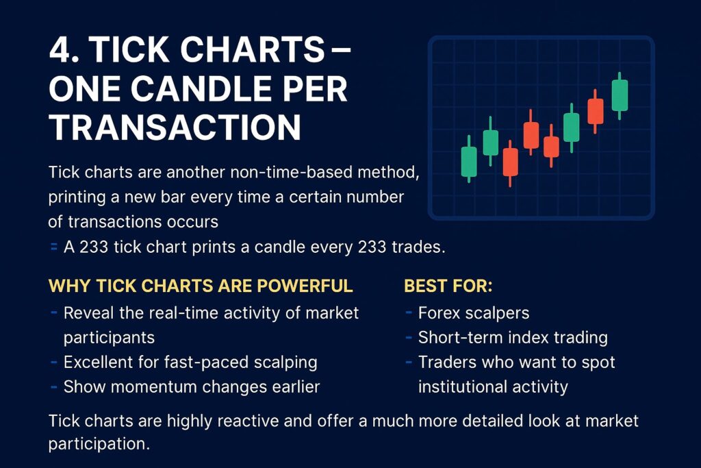 Infographic showing tick chart behavior where candles form based on transaction count.