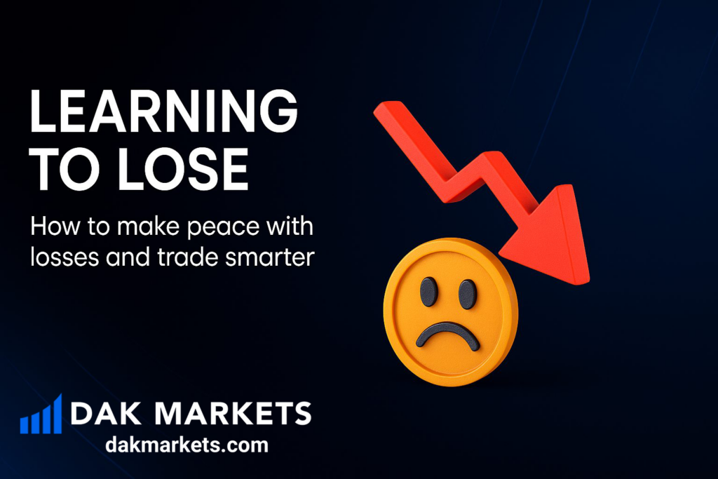 Learning to lose in trading concept with downward red arrow and sad emoji, illustrating how traders can accept losses and trade smarter, DAK Markets branding on dark blue background.