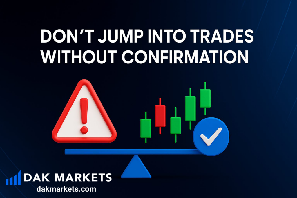 Don’t jump into trades without confirmation warning graphic with candlestick chart, risk alert symbol, and DAK Markets branding on a dark blue background