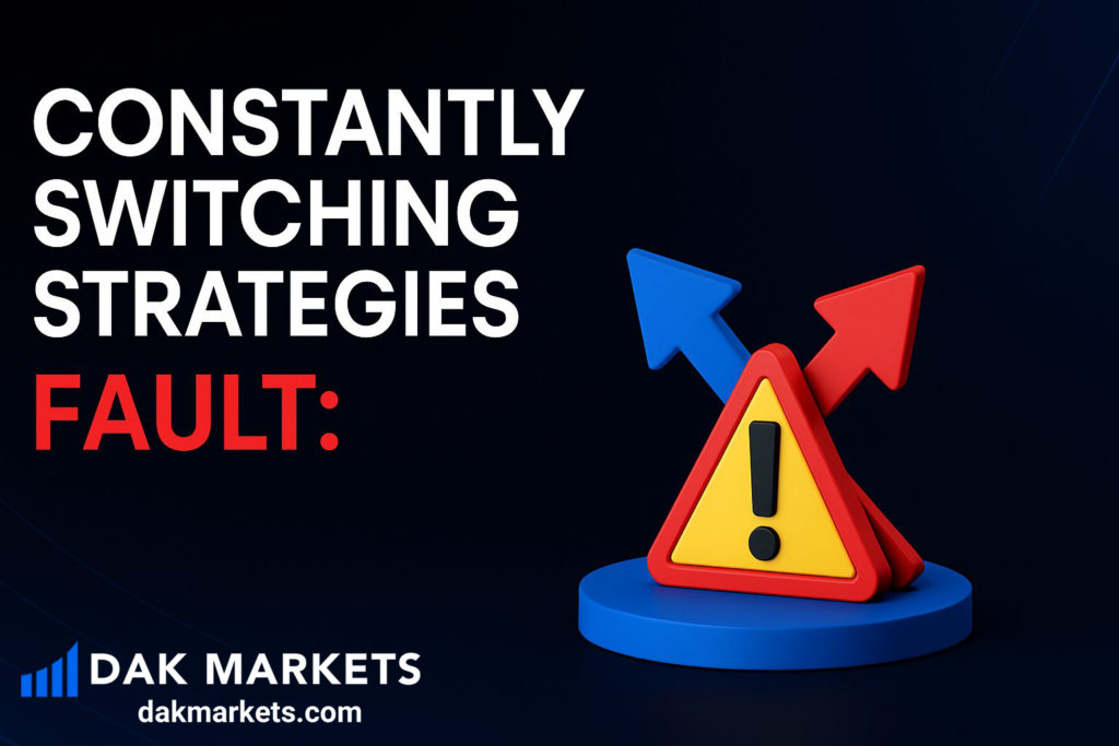 Constantly switching trading strategies warning concept with caution sign and arrows, highlighting inconsistency mistake in forex trading by DAK Markets