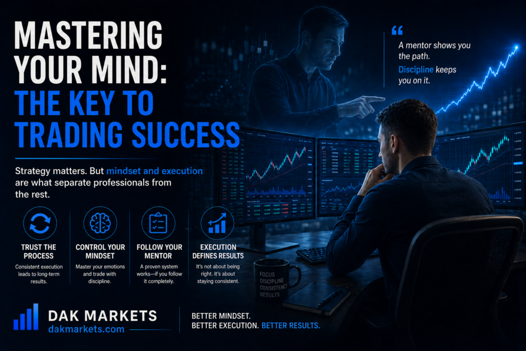 A dark blue, high-end trading infographic showing a professional trader at a multi-screen setup with glowing financial charts, while a mentor figure guides him from behind. The design emphasizes mindset and execution over strategy, featuring key principles like trust the process, control your mindset, follow your mentor, and execution defines results, with the DAK Markets logo and domain displayed at the bottom.