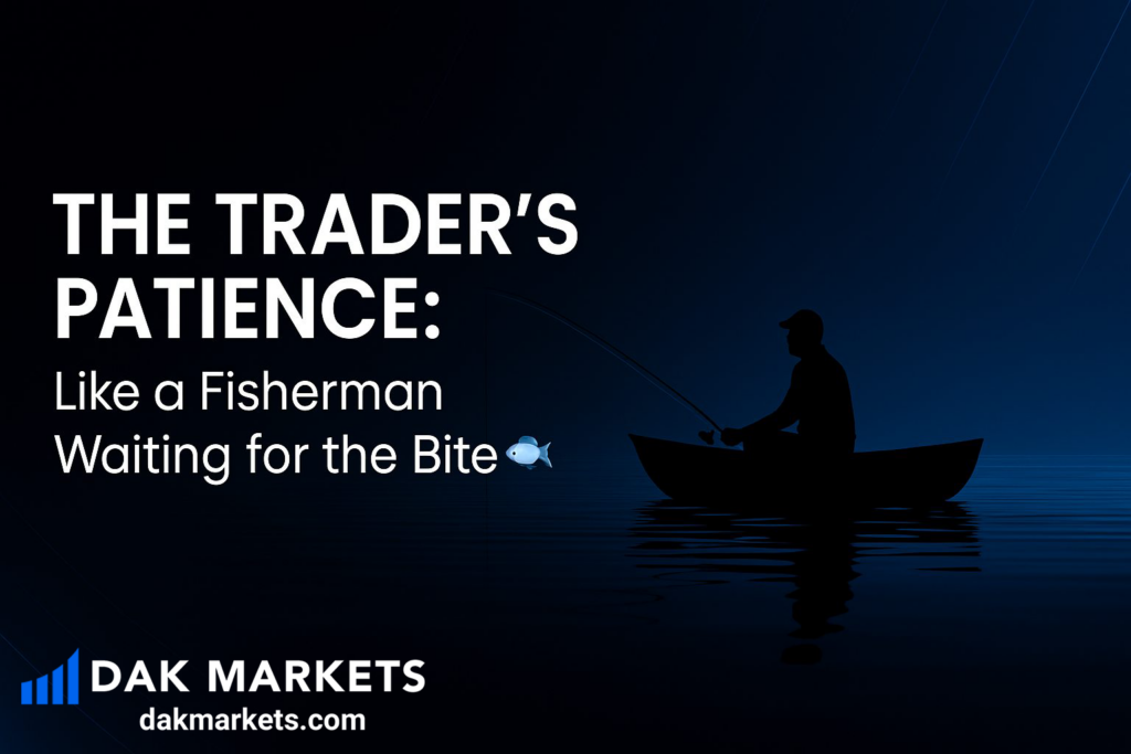 A dark blue, minimalist DAK Markets graphic showing a silhouette of a fisherman sitting in a boat at night, calmly waiting with a fishing rod over still water. The text reads “The Trader’s Patience: Like a Fisherman Waiting for the Bite,” emphasizing patience and discipline in trading, with the DAK Markets logo and website displayed at the bottom.