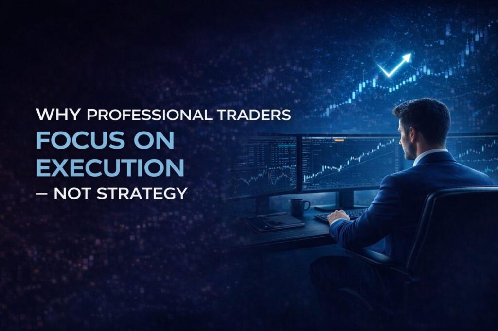 Professional trader analyzing charts on multiple screens with the text “Why Professional Traders Focus on Execution — Not Strategy,” highlighting disciplined trading, execution, and consistency in financial markets.