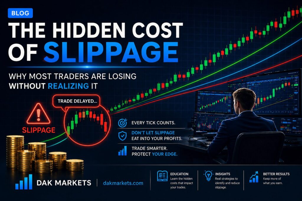 A professional trader analyzing multiple screens with rising candlestick charts, highlighting the hidden cost of slippage in forex trading, with warning icons and delayed trade execution visuals in a blue futuristic trading environment branded by DAK Markets.