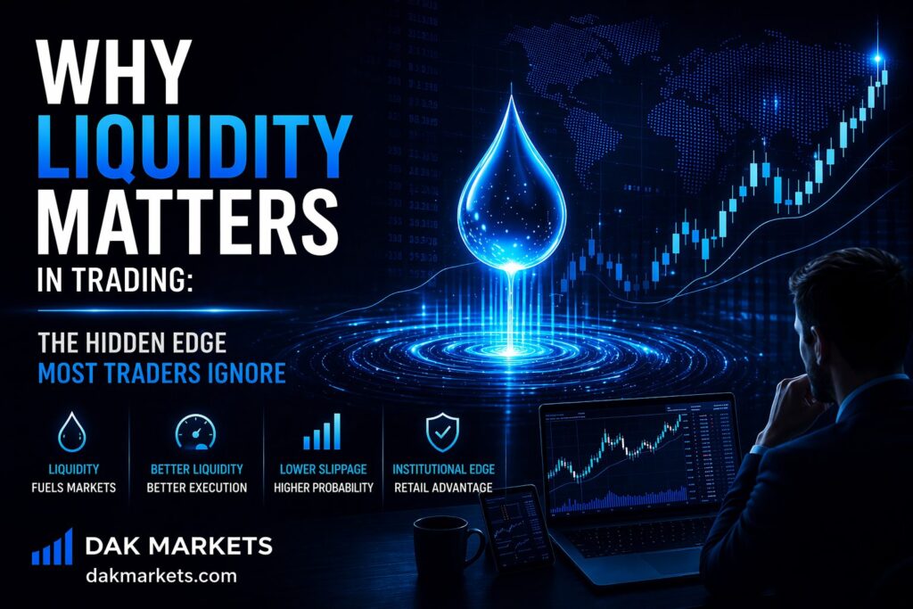 “Why liquidity matters in trading – illustration of market liquidity, candlestick chart growth, and trader setup showing better execution, lower slippage, and institutional trading advantage.”
