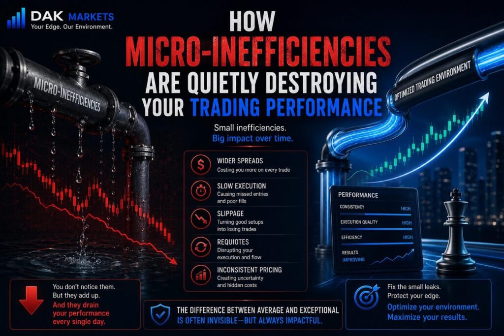 WordPress media library interface displaying DAK Markets trading blog cover images related to execution quality, trading performance, slippage, latency, liquidity, and micro-inefficiencies in trading.