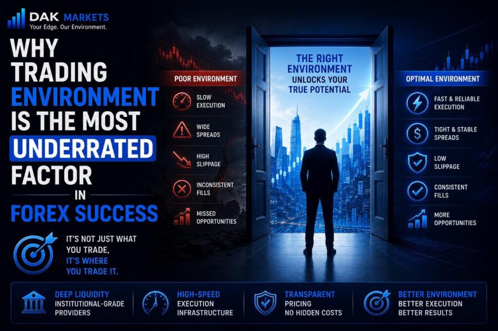 Why trading environment matters in forex trading, featuring institutional liquidity, fast execution, stable spreads, low slippage, and optimized trading performance for consistent forex results.