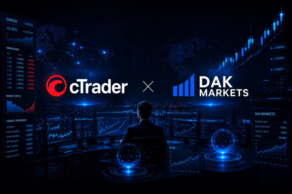 cTrader and DAK Markets partnership image showing a professional trading workspace with charts, liquidity data, and global market access.