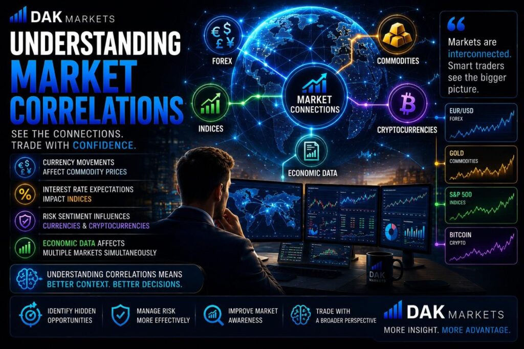 DAK Markets blog image explaining market correlations and how forex, commodities, indices, cryptocurrencies, and economic data can influence each other.