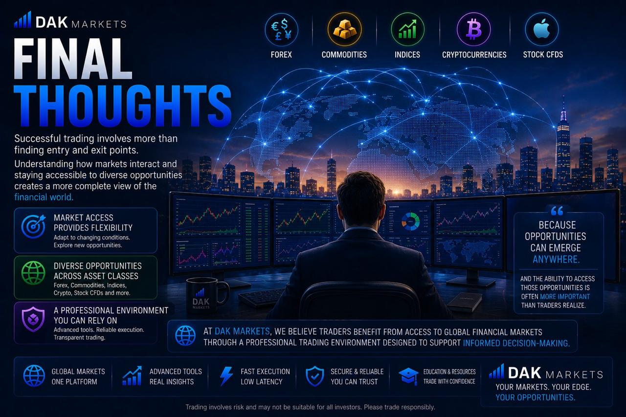 DAK Markets blog image showing final thoughts on market access, diverse trading opportunities, and global financial markets across forex, commodities, indices, cryptocurrencies, and stock CFDs.