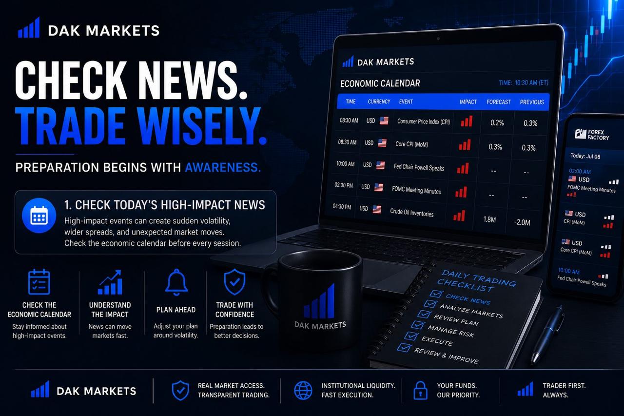 DAK Markets trading news checklist image showing an economic calendar, high-impact forex news, and daily trading preparation steps.
