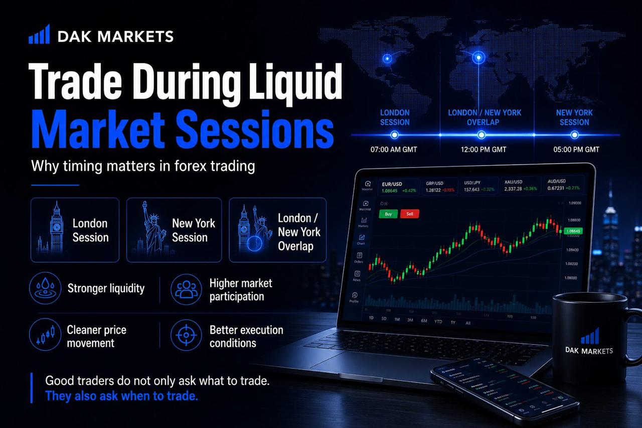 DAK Markets educational graphic showing London, New York, and London/New York overlap trading sessions, highlighting liquidity, market participation, price movement, and execution conditions in forex trading.