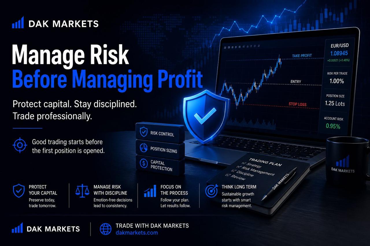 DAK Markets educational graphic showing forex risk management with stop loss, position sizing, capital protection, and account risk before managing profit.