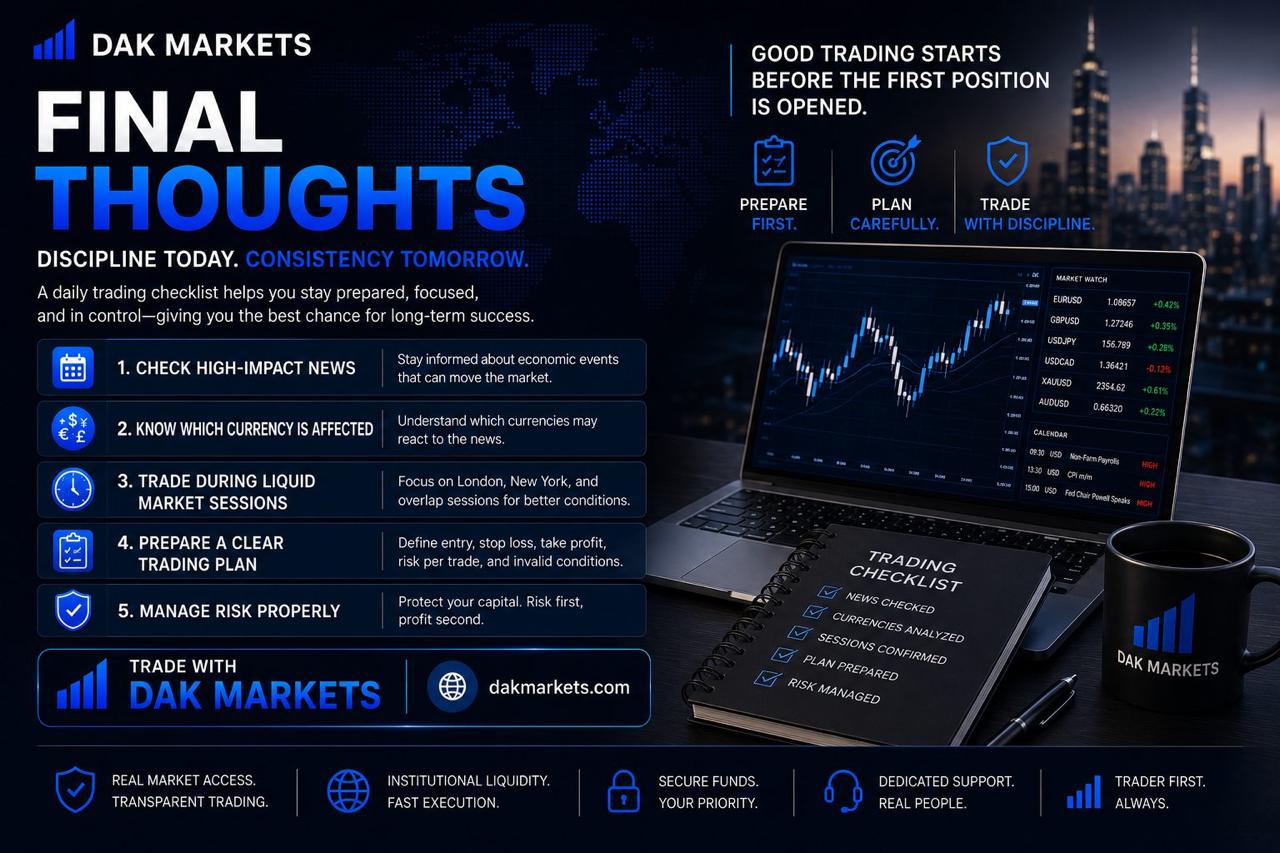 DAK Markets final thoughts graphic showing a daily trading checklist with high-impact news, currency impact, liquid market sessions, trading plan preparation, and risk management before trading.