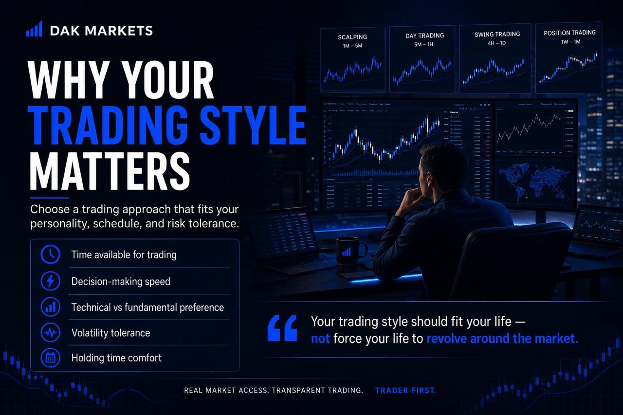DAK Markets graphic explaining why trading style matters, featuring a trader analyzing charts and comparing scalping, day trading, swing trading, and position trading.