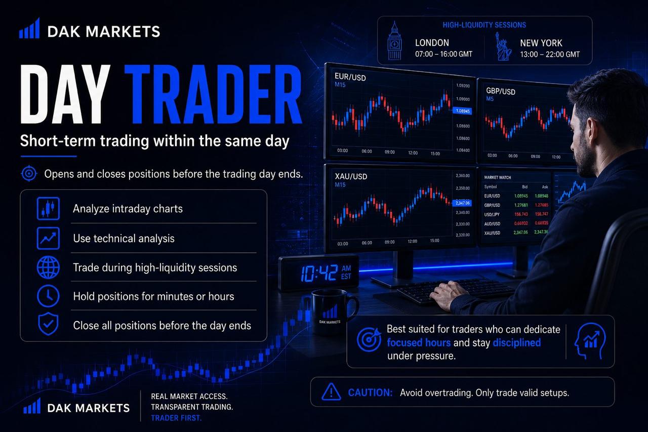 DAK Markets day trader infographic showing a trader analyzing forex charts, with key features of day trading, high-liquidity sessions, technical analysis, short holding periods, and risk-management reminders.
