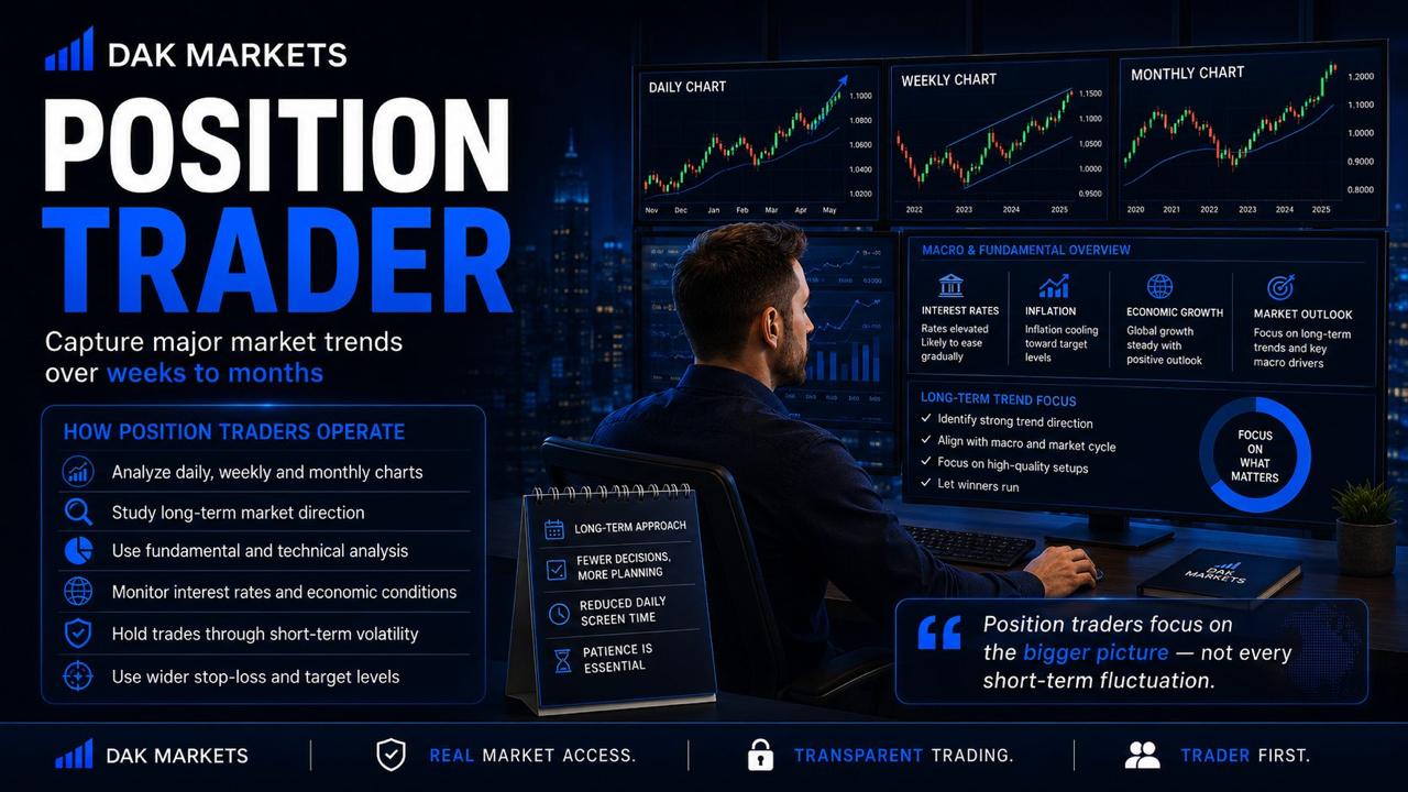 DAK Markets position trader infographic showing a trader analyzing daily, weekly, and monthly charts, with long-term trend analysis, economic factors, wider stop-loss levels, and positions held for weeks to months.