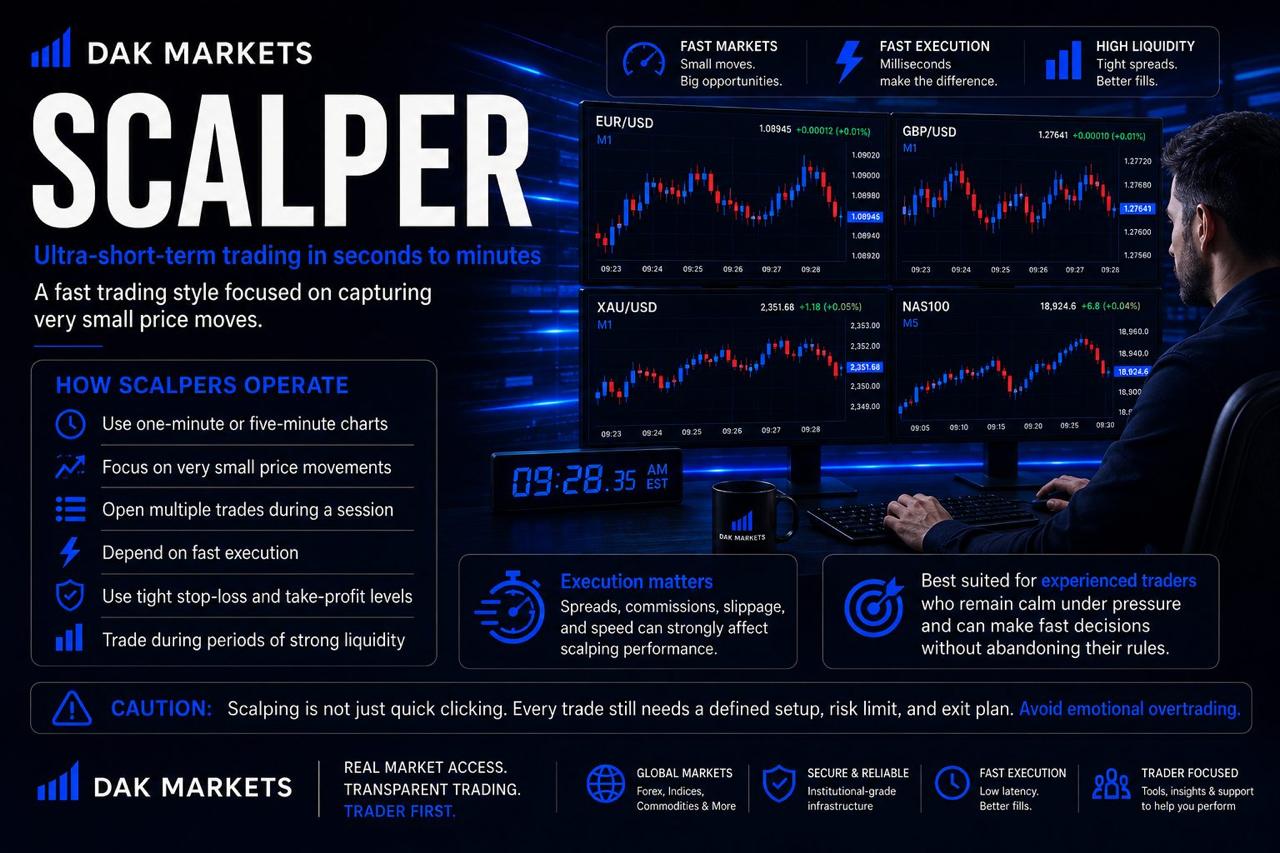 DAK Markets scalper infographic showing a trader using one-minute and five-minute charts, fast execution, tight risk controls, high-liquidity markets, and multiple ultra-short-term trades.