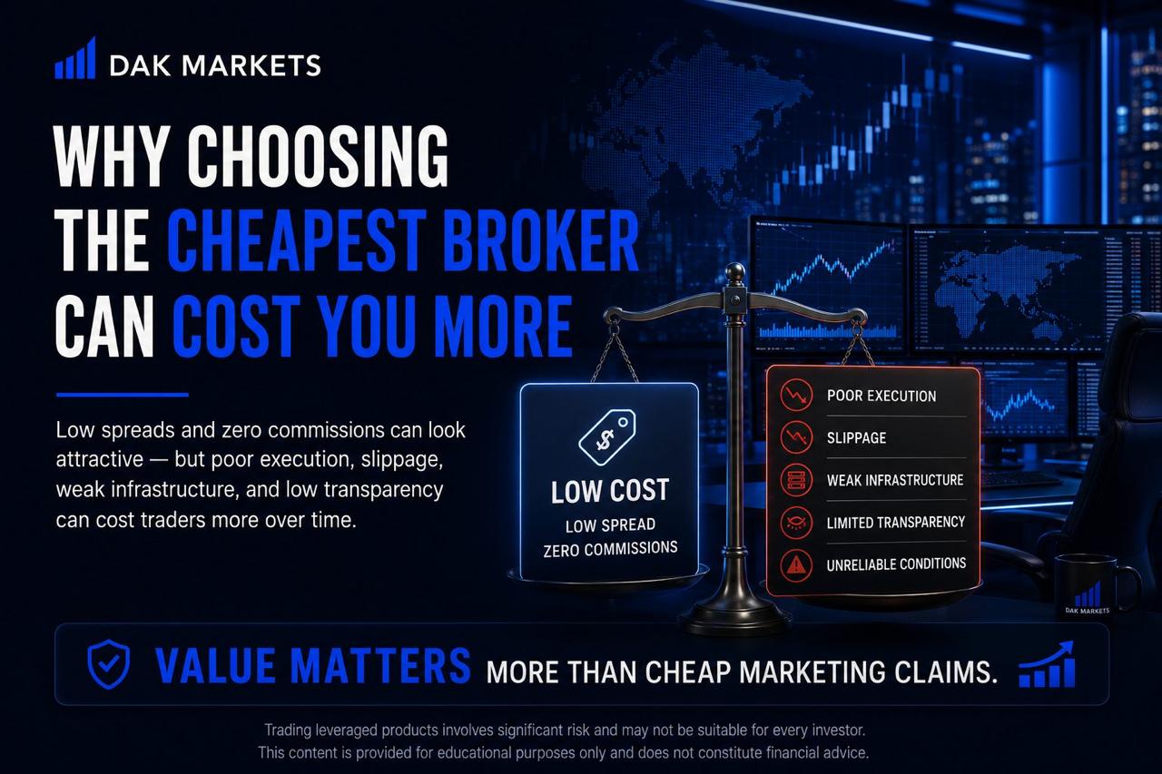 DAK Markets graphic comparing low-cost broker offers with hidden risks such as poor execution, slippage, weak infrastructure, limited transparency, and unreliable trading conditions.