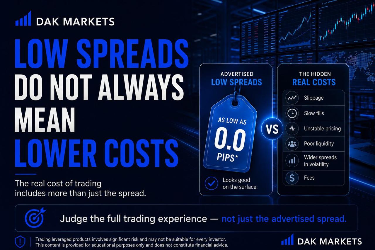 DAK Markets graphic explaining that advertised low spreads do not always mean lower trading costs, comparing 0.0-pip spreads with hidden costs such as slippage, slow fills, unstable pricing, poor liquidity, wider spreads during volatility, and fees.