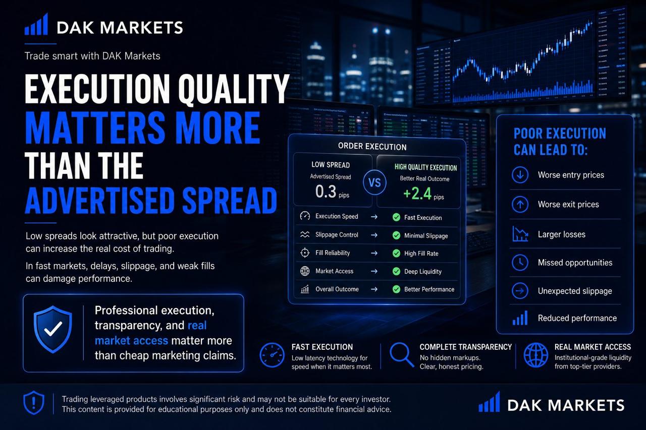DAK Markets graphic explaining why execution quality matters more than the advertised spread, highlighting fast execution, minimal slippage, reliable order fills, deep liquidity, and the risks of poor execution such as worse prices, larger losses, and missed opportunities.