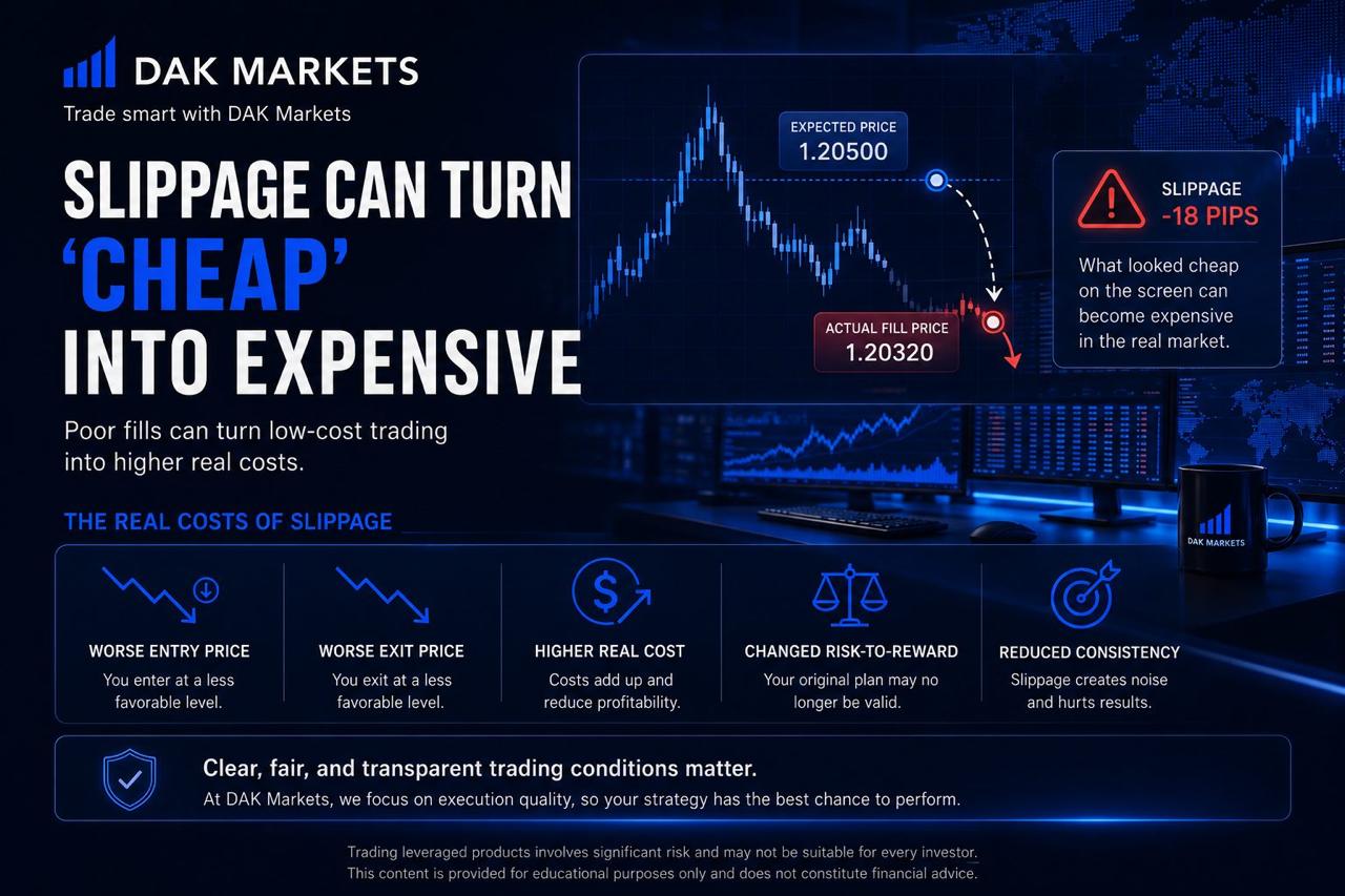 DAK Markets graphic showing how slippage can turn low-cost trading into higher real costs by causing worse entry and exit prices, changed risk-to-reward, reduced consistency, and an 18-pip difference between the expected and actual fill price.