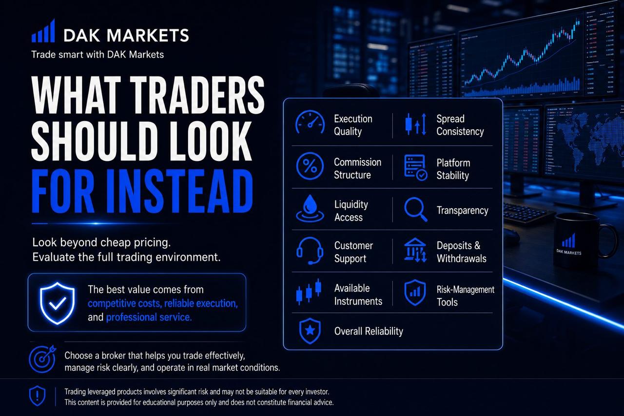 DAK Markets graphic showing what traders should look for in a broker, including execution quality, spread consistency, commission structure, platform stability, liquidity access, transparency, customer support, deposits and withdrawals, available instruments, risk-management tools, and overall reliability.