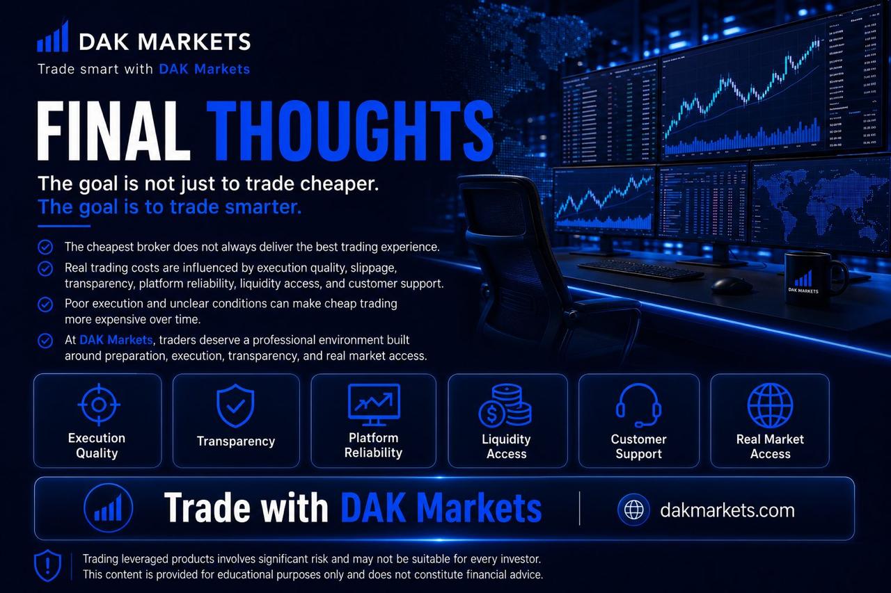 DAK Markets final thoughts graphic emphasizing that execution quality, transparency, platform reliability, liquidity access, customer support, and real market access matter more than simply choosing the cheapest broker.