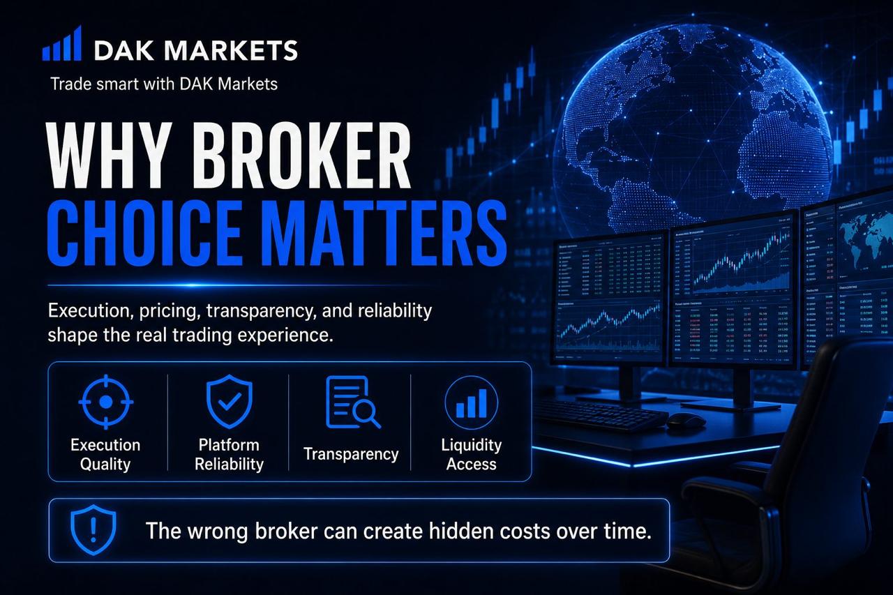 DAK Markets graphic explaining why broker choice matters, highlighting execution quality, platform reliability, transparency, and liquidity access as factors that shape the trading experience.