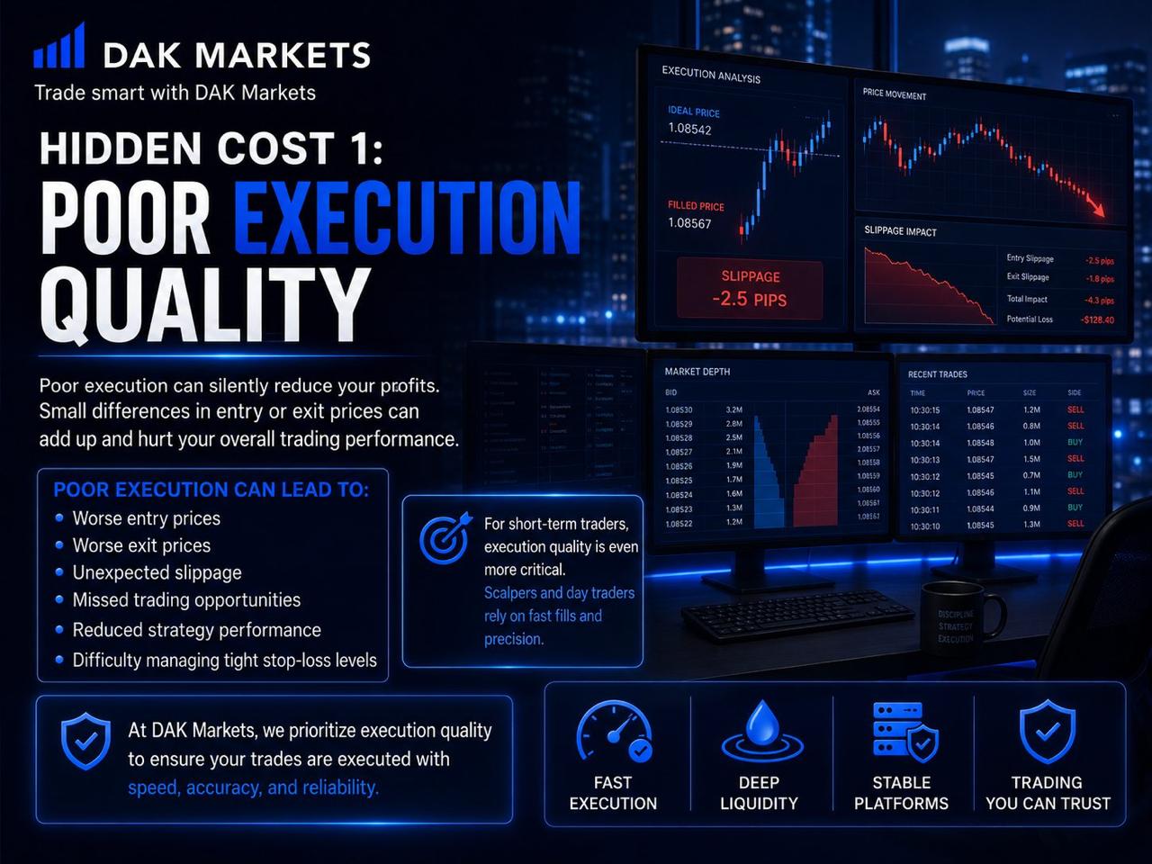DAK Markets graphic explaining how poor execution quality can create hidden trading costs through worse entry and exit prices, slippage, missed opportunities, and reduced strategy performance, especially for scalpers and day traders.