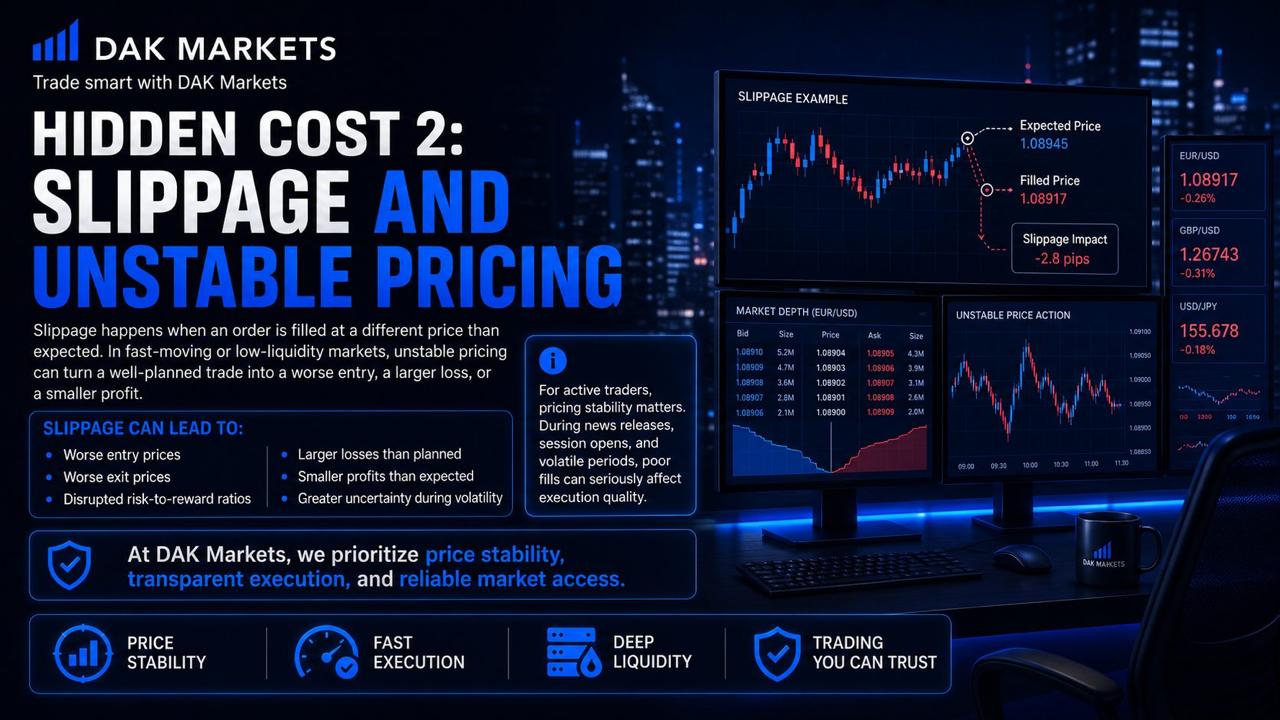 DAK Markets graphic explaining slippage and unstable pricing as hidden trading costs, showing how different expected and filled prices can lead to worse entries and exits, larger losses, smaller profits, and disrupted risk-to-reward ratios.