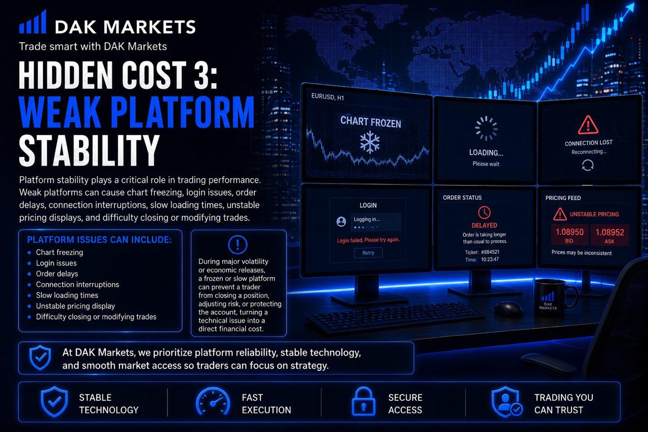 DAK Markets graphic explaining weak platform stability as a hidden trading cost, highlighting chart freezes, login failures, connection interruptions, delayed orders, slow loading, unstable pricing, and difficulty closing or modifying trades.