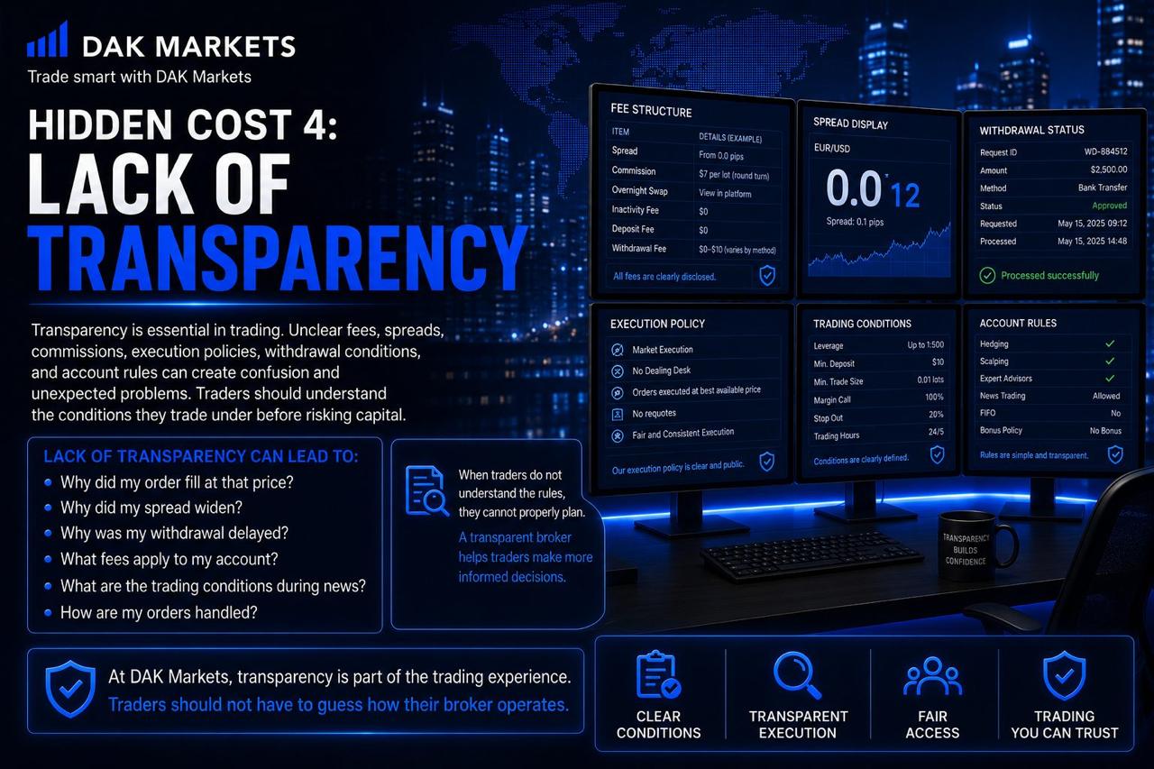 DAK Markets graphic explaining lack of transparency as a hidden trading cost, highlighting unclear fees, spreads, commissions, withdrawal conditions, execution policies, and account rules, compared with clear and transparent broker conditions.
