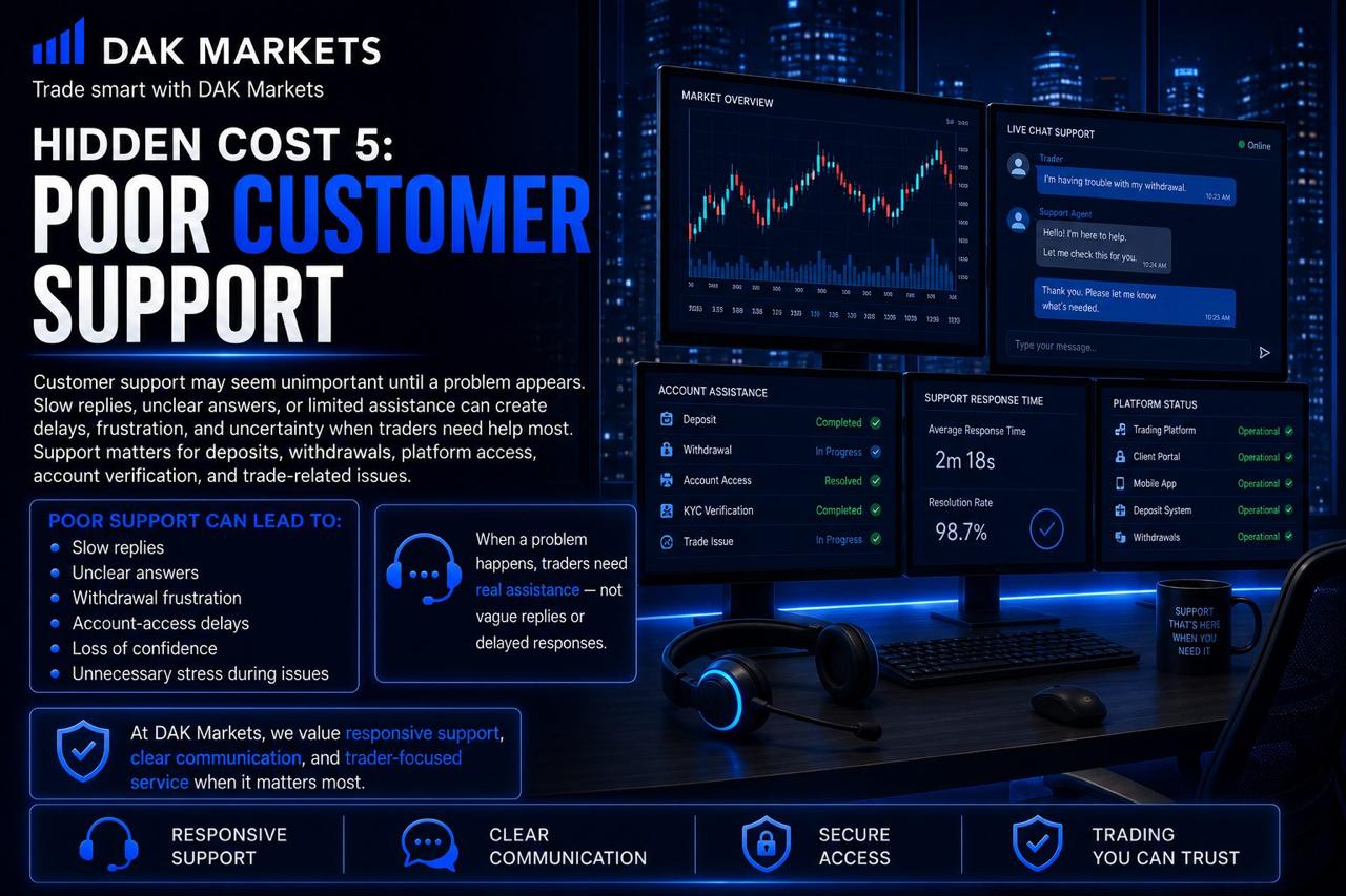 DAK Markets graphic explaining poor customer support as a hidden trading cost, highlighting slow replies, unclear answers, withdrawal frustration, account-access delays, and the importance of responsive assistance and clear communication.