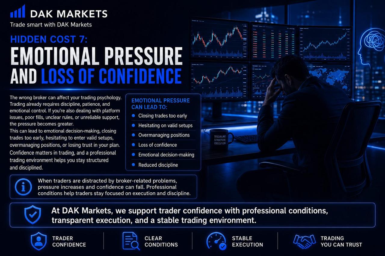 DAK Markets graphic explaining emotional pressure and loss of confidence as a hidden broker cost, showing how platform issues, poor execution, unclear conditions, and unreliable support can lead to early exits, hesitation, overmanagement, emotional decisions, and reduced discipline.