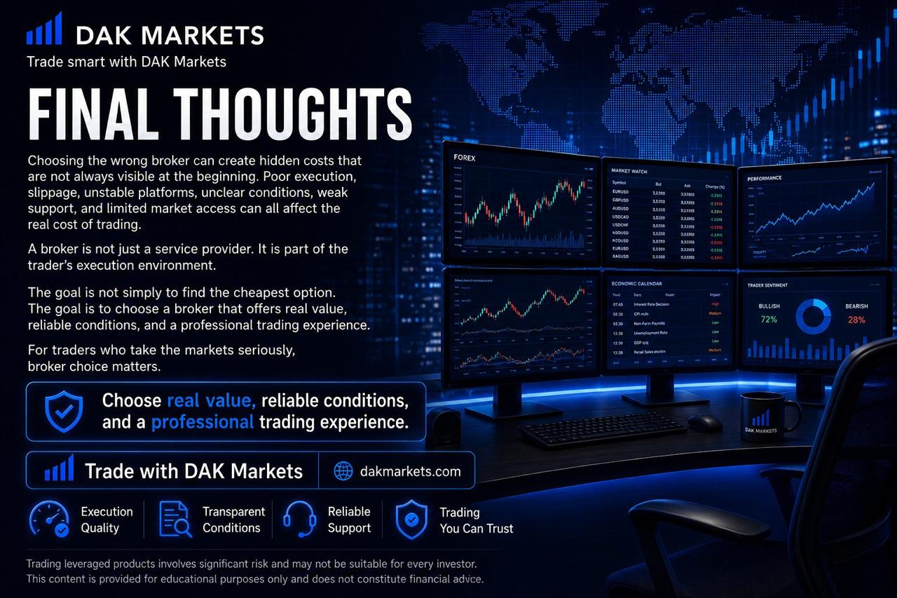 DAK Markets final thoughts graphic explaining that choosing the wrong broker can create hidden costs through poor execution, slippage, unstable platforms, unclear conditions, weak support, and limited market access, while emphasizing real value, reliable conditions, and a professional trading experience.