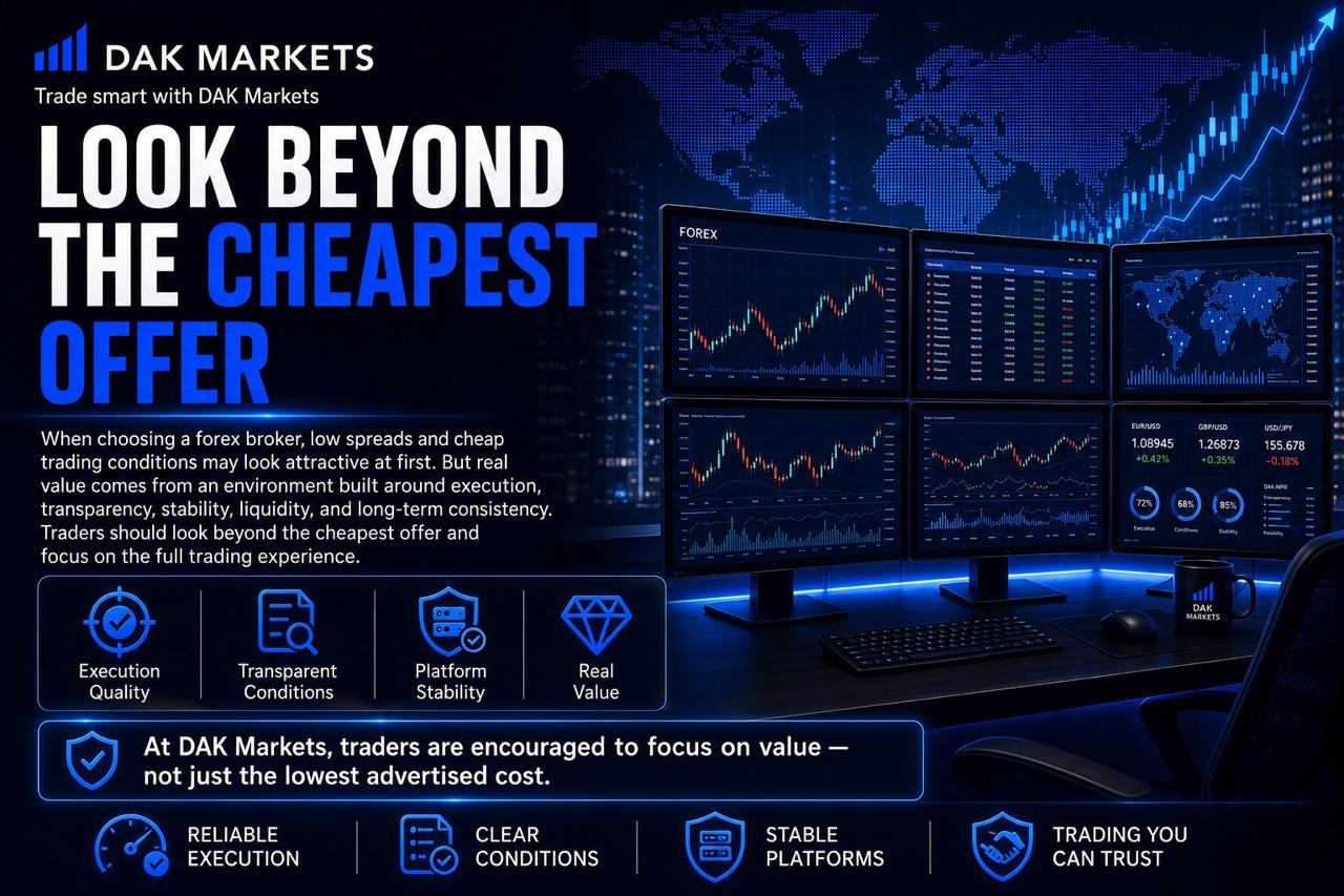 DAK Markets forex trading setup illustrating why traders should look beyond the cheapest broker and prioritize reliable execution, transparent conditions, stable platforms, and real trading value.