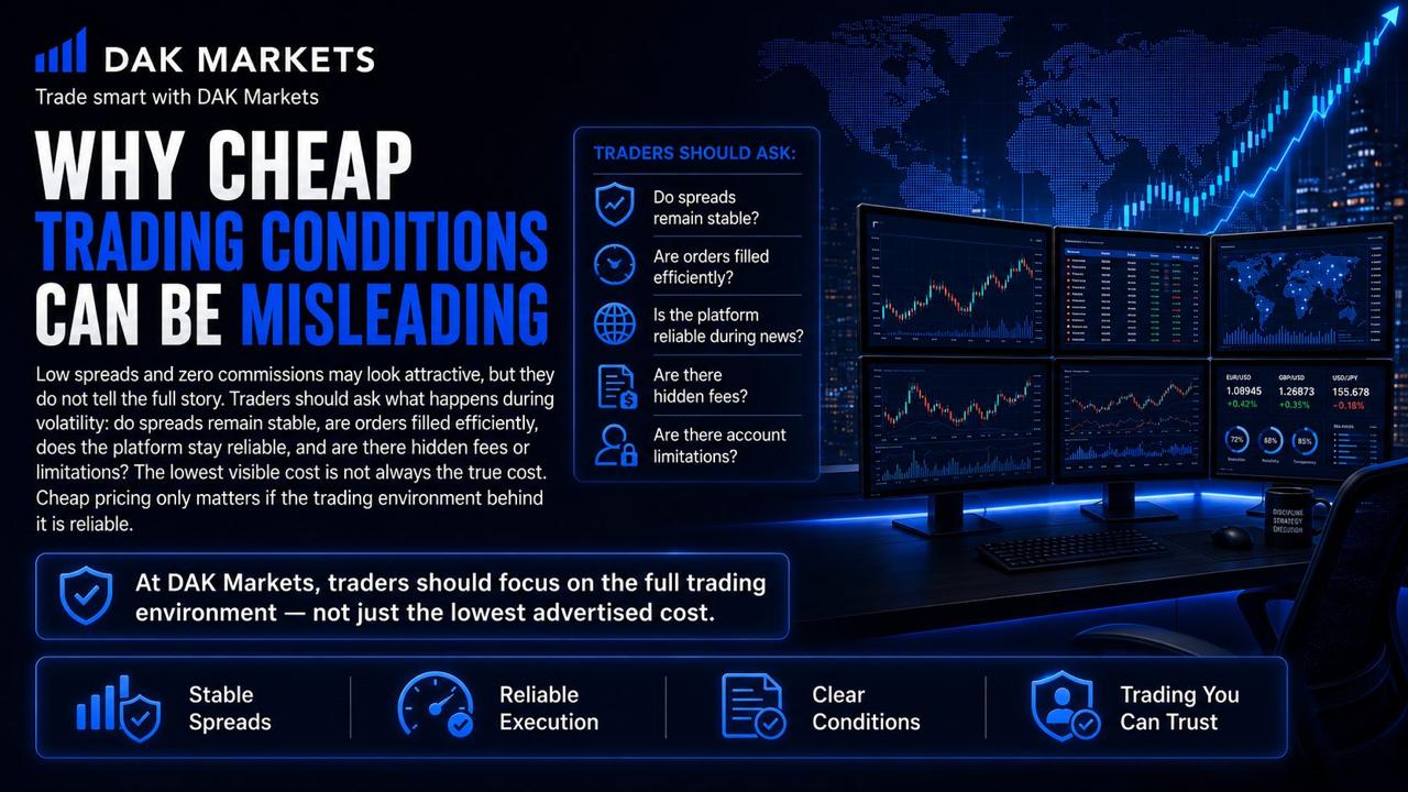 DAK Markets trading graphic explaining why cheap trading conditions can be misleading and highlighting stable spreads, reliable execution, transparent conditions, platform reliability, and hidden trading costs.
