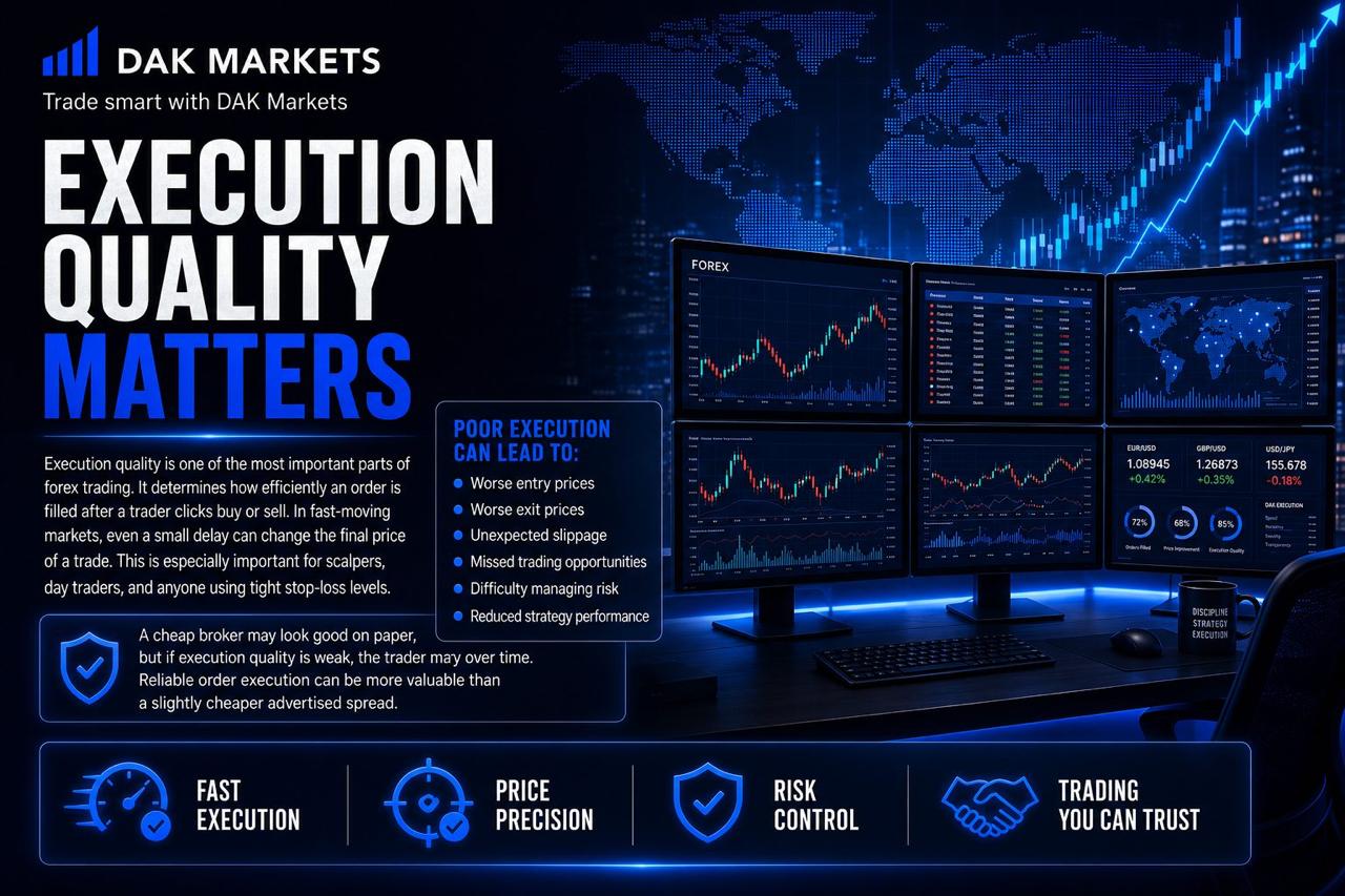 DAK Markets forex trading graphic highlighting why execution quality matters, with fast execution, price precision, risk control, reliable order fills, and stable trading infrastructure.
