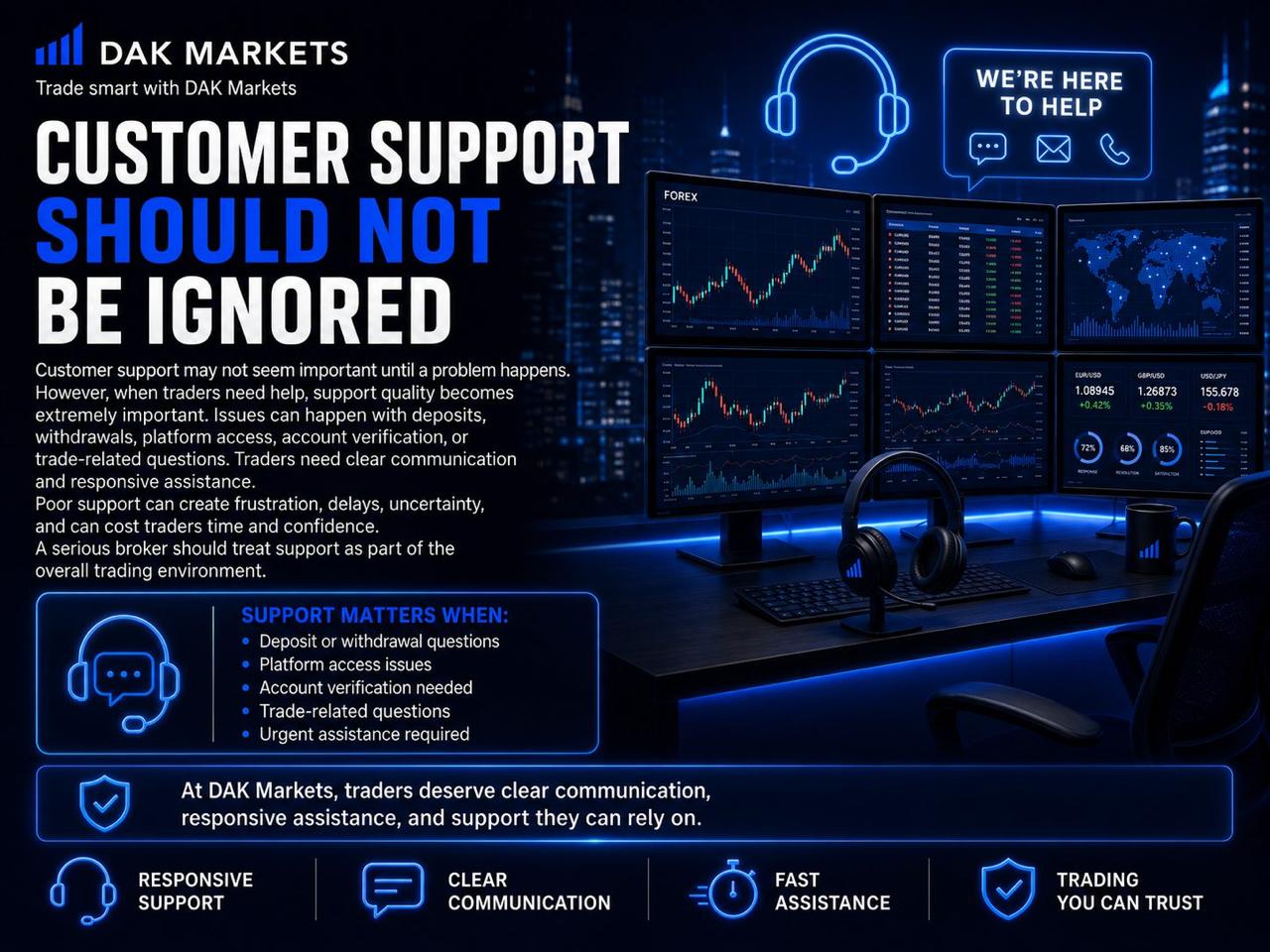 DAK Markets forex trading graphic highlighting the importance of responsive customer support, clear communication, fast assistance, and help with deposits, withdrawals, platform access, account verification, and trading-related questions.