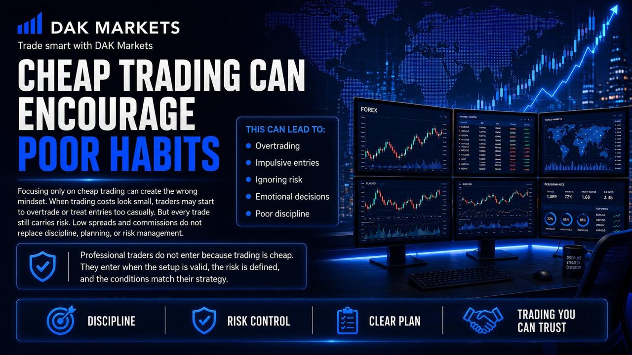 DAK Markets forex trading graphic explaining how cheap trading conditions can encourage overtrading, impulsive entries, poor discipline, emotional decisions, and weak risk management.