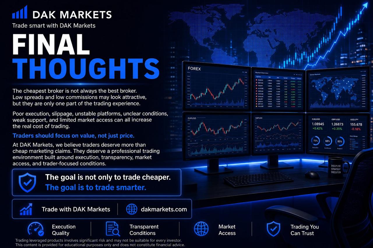 DAK Markets forex trading graphic summarizing why traders should focus on value rather than price, emphasizing execution quality, transparent conditions, market access, platform reliability, and smarter broker selection.