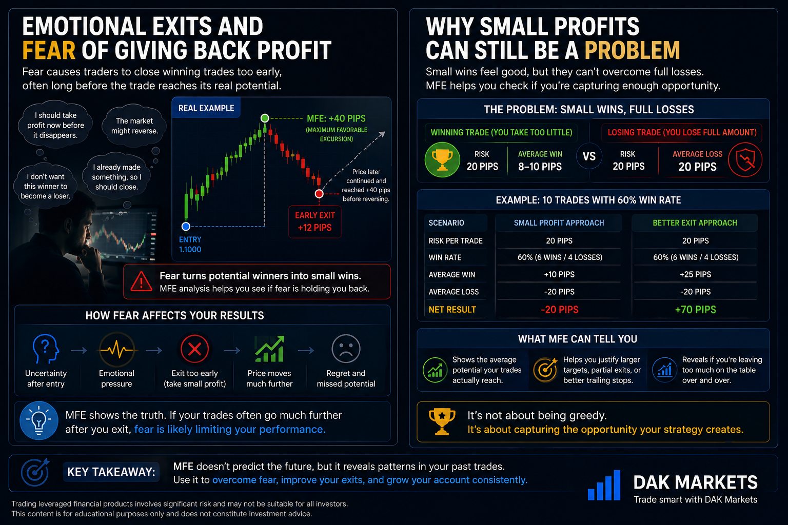 DAK Markets educational trading infographic explaining how emotional exits and fear of giving back profit can reduce trading performance. A real trade example shows a Maximum Favorable Excursion (MFE) of +40 pips compared with an early exit at +12 pips, demonstrating how fear can turn strong opportunities into small wins. The graphic compares a small-profit approach with a better exit strategy across 10 trades at a 60% win rate, showing a -20 pip versus +70 pip net result. It highlights how MFE analysis can reveal missed profit potential, improve exit decisions, support larger targets or trailing stops, and help traders identify recurring fear-based behavior. Branded with DAK Markets and the tagline “Trade smart with DAK Markets.”
