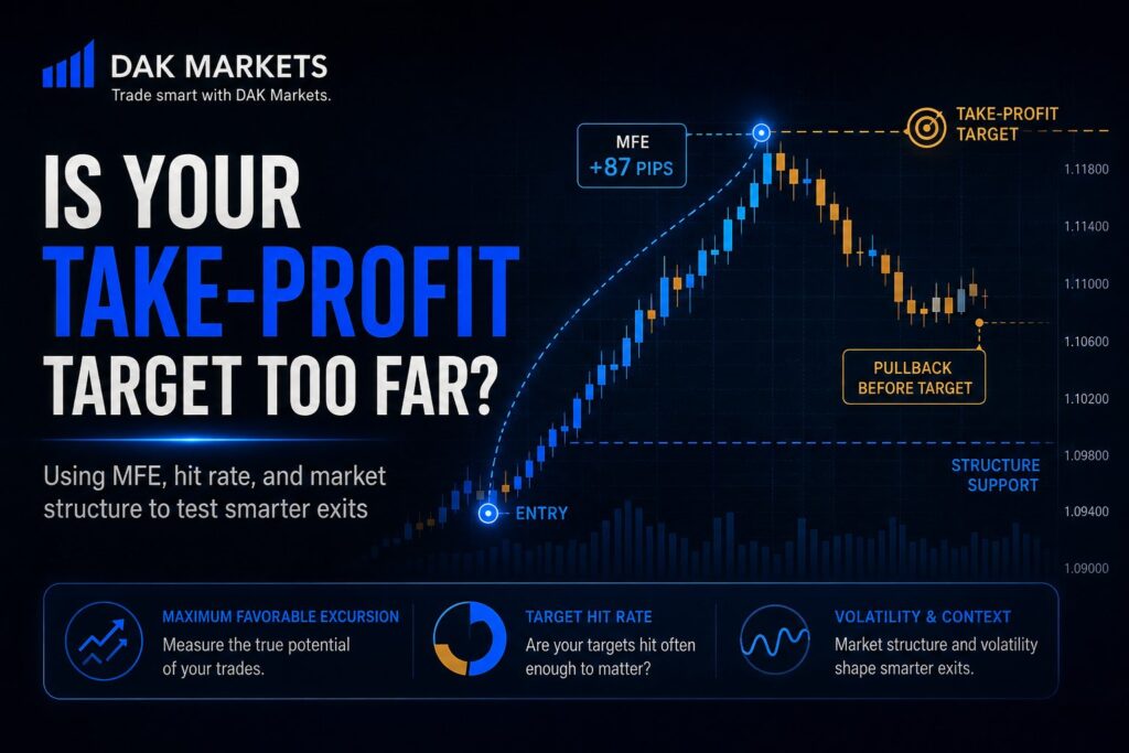 DAK Markets blog cover showing a forex chart and the headline “Is Your Take-Profit Target Too Far?” with MFE, target hit rate, and market structure concepts.