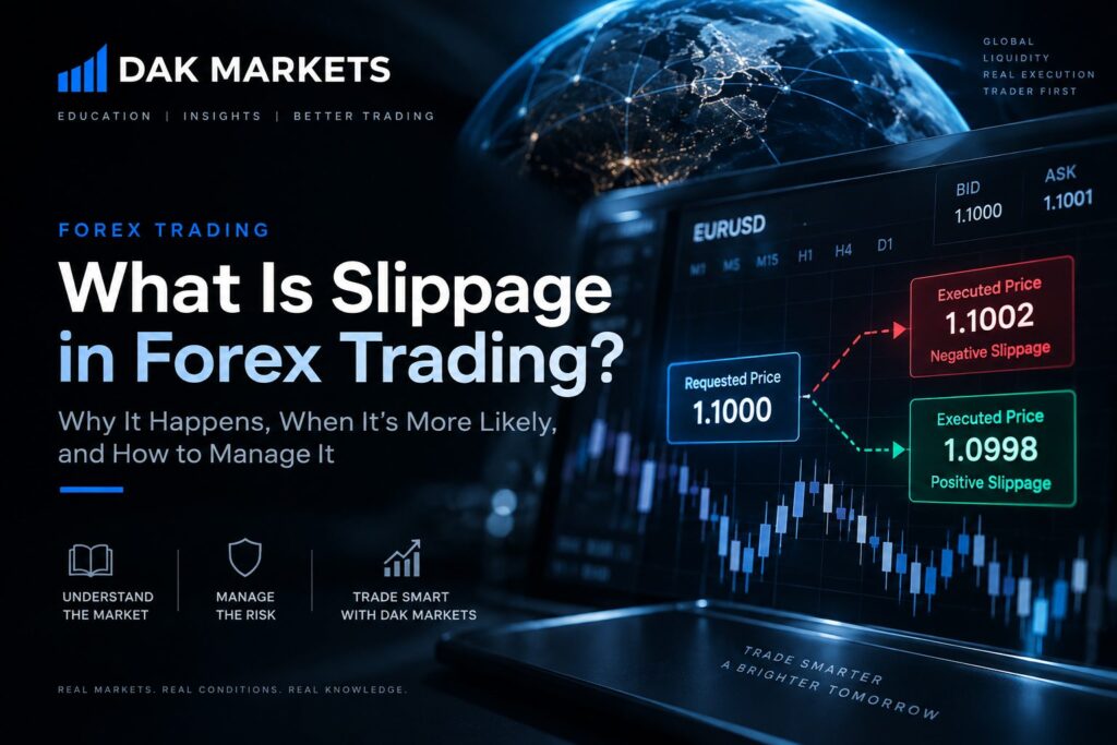Slippage in forex trading explained with EURUSD requested price and positive and negative execution price examples.