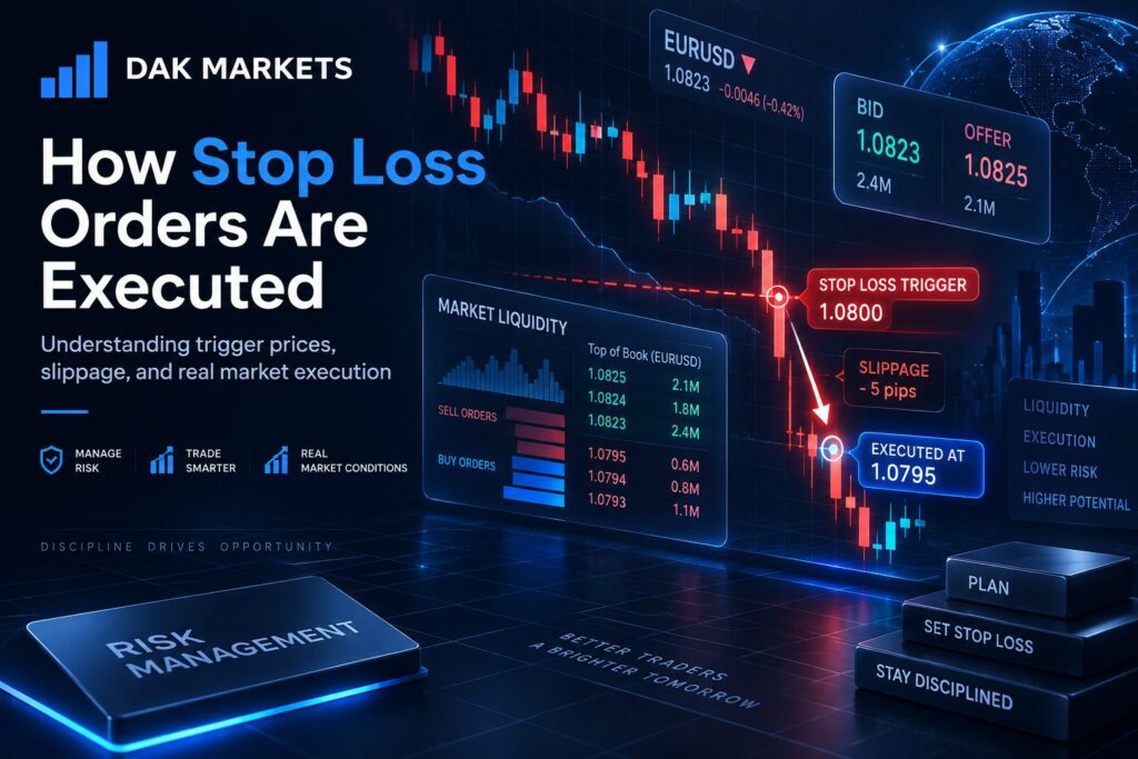 How stop loss orders are executed in forex trading, showing stop loss triggers, slippage, liquidity, and real market execution at DAK Markets.