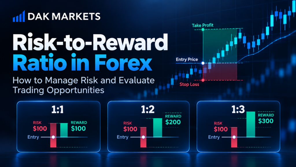 DAK Markets forex risk-to-reward ratio infographic comparing 1:1, 1:2, and 1:3 ratios with stop-loss, entry price, and take-profit levels.