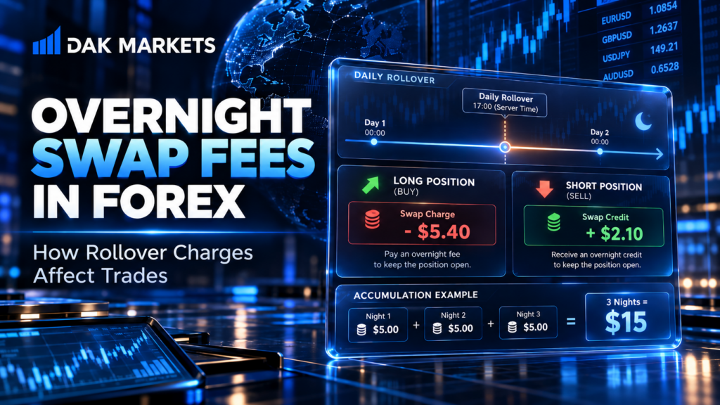 DAK Markets overnight swap fees in forex infographic showing daily rollover, long and short position swap charges and credits, and accumulated financing costs.